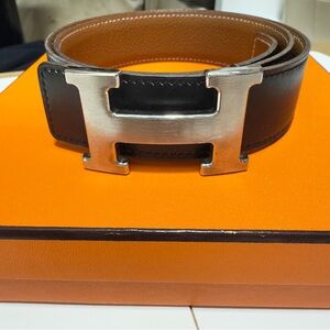 Hermes Black and Brown Leather Belt with Silver H Buckle